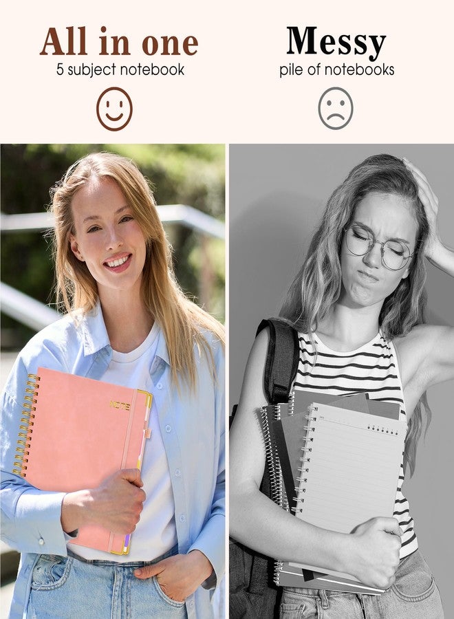 dilitego Hardcover Large Spiral Notebook 8.5" x 11" with Removable Dividers Tabs, 300 pages Leather 5 Subject Notebook College Ruled, A4 Journal for Women Men, Notebooks for Work School Note taking, Pink - Image 5